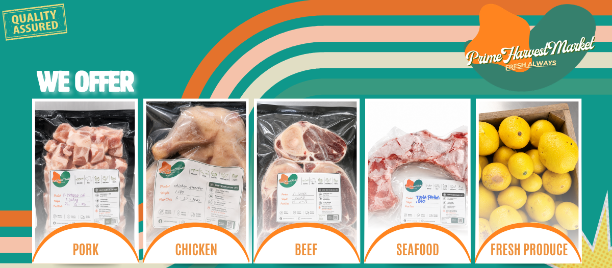 Promotional banner for Prime Harvest Market showcasing packaged meats and fresh produce. The graphic features four product panels labeled Pork, Chicken, Beef, and Seafood, alongside a panel of fresh lemons, set against a teal background with retro orange and cream stripes and the text 'WE OFFER' and 'Making sourcing easy for your home or business.